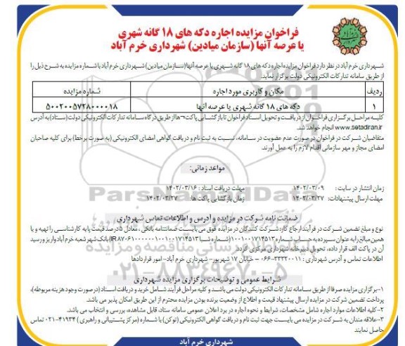 مزایده اجاره دکه های 18 گانه شهری