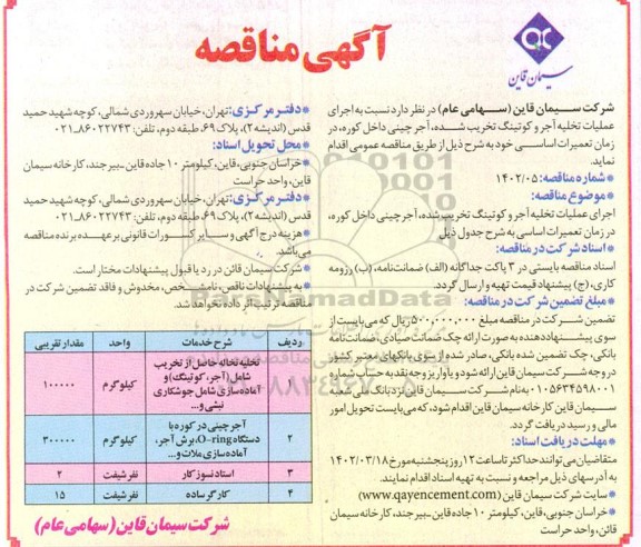  مناقصه اجرای عملیات تخلیه آجر و کوتینگ تخریب شده
