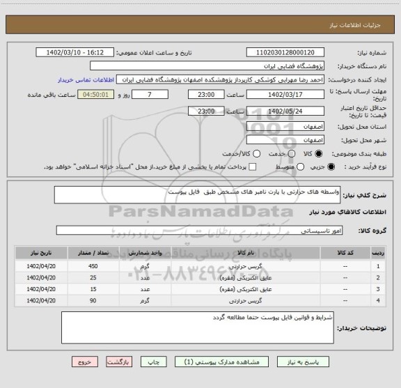 استعلام  واسطه های حرارتی با پارت نامبر های مشخص طبق  فایل پیوست
