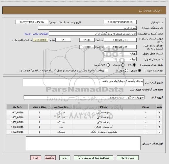 استعلام یحچال وآبسردکن ومایکروفر می باشد