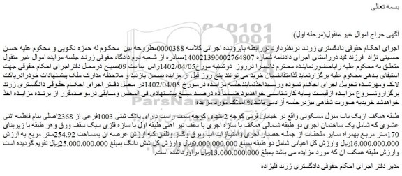 مزایده فروش ملک طبقه همکف ازیک باب منزل مسکونی