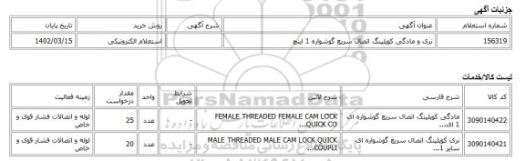 استعلام الکترونیکی، نری و مادگی کوپلینگ اتصال سریع گوشواره  1 اینچ