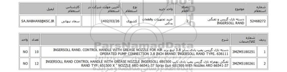 استعلام، دسته نازل گریس و تفنگی INGERSOLL RAND
