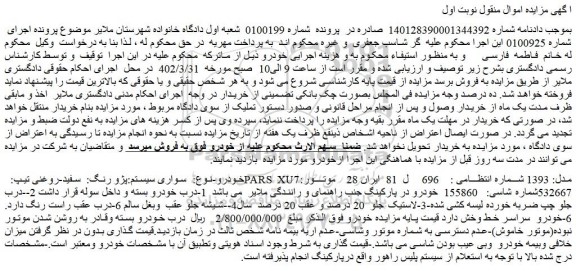 مزایده فروش خودرو سواری سیستم:پژو رنگ:  سفید-روغنی تیپ:  PARS XU7مدل: 1393  