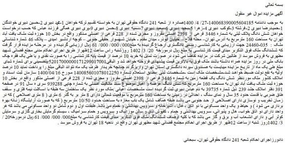 مزایده فروش شش دانگ پلاک ثبتی به شماره 3446 فرعی از 2398 اصلی مفروز و مجزی شده از 228 فرعی از اصلی