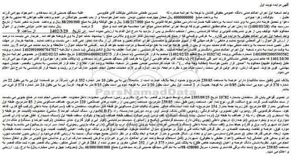 مزایده فروش پلاک ثبتی (طبق سند مالکیت) دارای عرصه به مساحت 239/65 مترمربع 