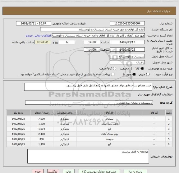 استعلام خرید مصالح ساختمانی برای مصلی المهدی (عج) زابل طبق فایل پیوستی