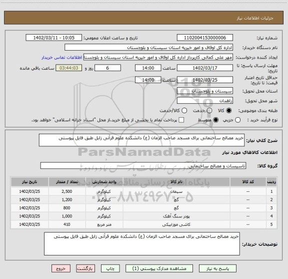 استعلام خرید مصالح ساختمانی برای مسجد صاحب الزمان (ع) دانشکده علوم قرآنی زابل طبق فایل پیوستی