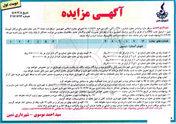 مزایده تعداد ۱۲ باب مغازه های