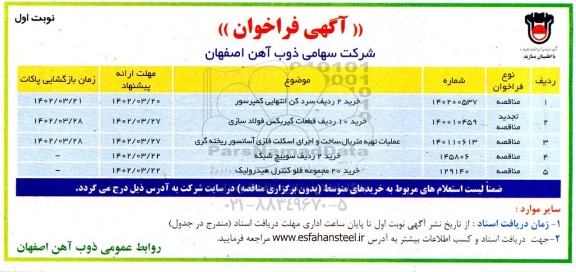 فراخوان خرید 2 ردیف سردکن انتهایی کمپرسور....