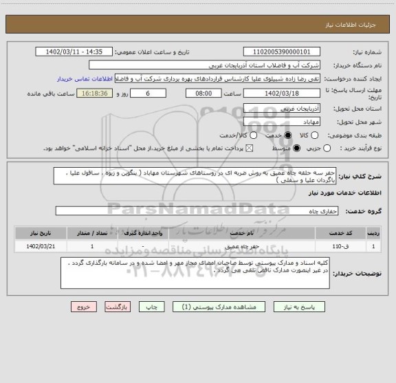استعلام حفر سه حلقه چاه عمیق به روش ضربه ای در روستاهای شهرستان مهاباد ( بنگوین و زیوه ، ساقول علیا ، باگردان علیا و سفلی )