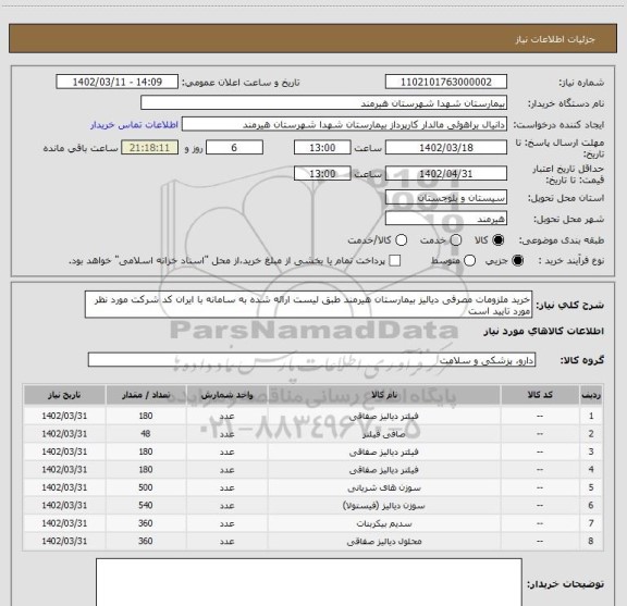 استعلام خرید ملزومات مصرفی دیالیز بیمارستان هیرمند طبق لیست ارائه شده به سامانه با ایران کد شرکت مورد نظر مورد تایید است