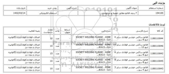 استعلام الکترونیکی، 7 ردیف فلانچ مطابق نقشه و درخواست