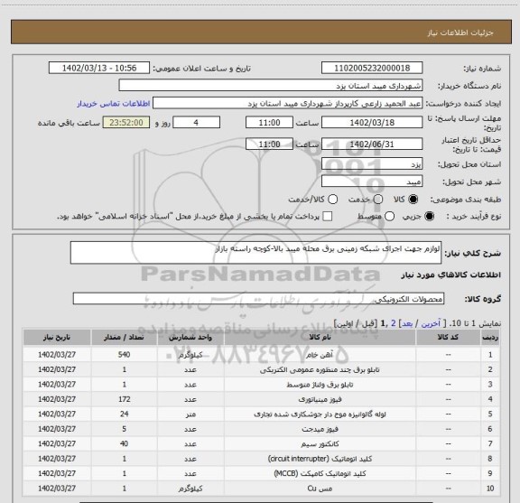 استعلام لوازم جهت اجرای شبکه زمینی برق محله میبد بالا-کوچه راسته بازار