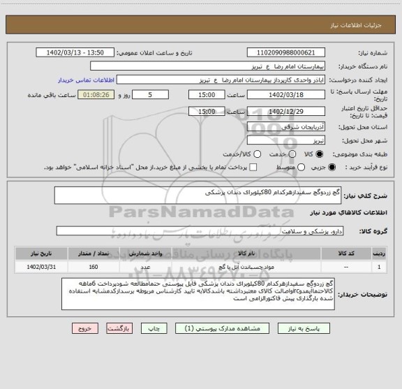 استعلام گچ زردوگچ سفیدازهرکدام 80کیلوبرای دندان پزشکی
