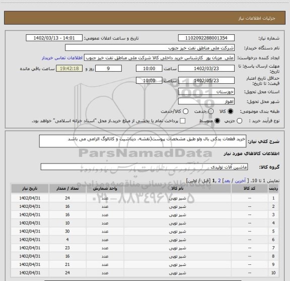 استعلام خرید قطعات یدکی بال ولو طبق مشخصات پیوست(نقشه، دیتاشیت و کاتالوگ الزامی می باشد