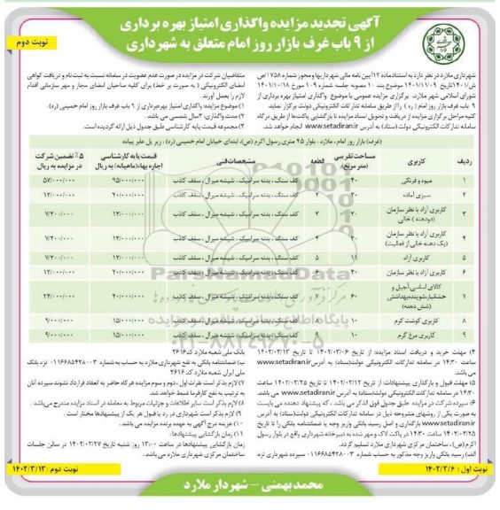 تجدید مزایده واگذاری امتیاز بهره برداری از 9 باب غرف بازار روز ـ نوبت دوم