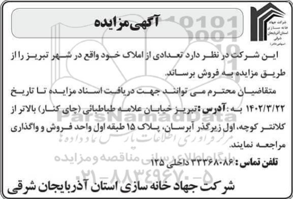 مزایده فروش تعدادی از املاک