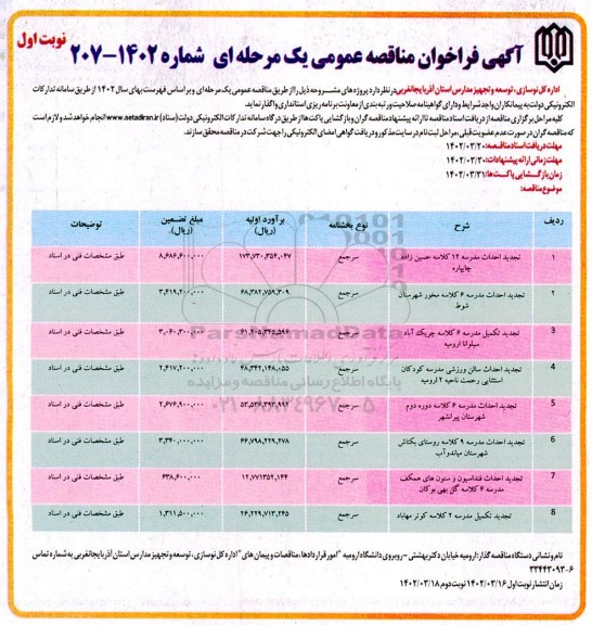 مناقصه تجدید احداث مدرسه 12 کلاسه...