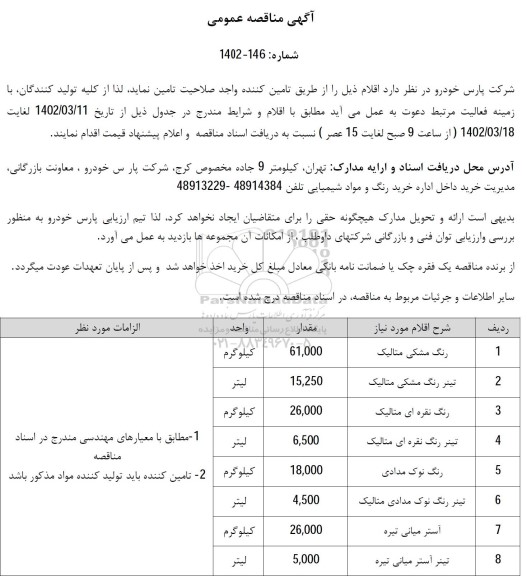 مناقصه رنگ مشکی متالیک، تینر رنگ مشکی متالیک و...
