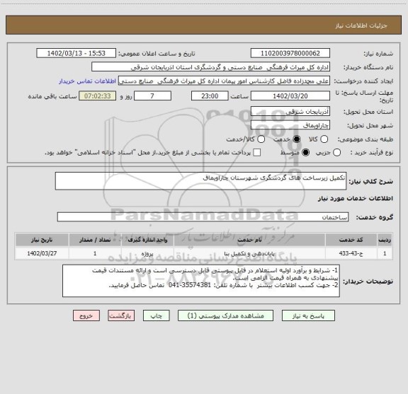 استعلام تکمیل زیرساخت های گردشگری شهرستان چاراویماق