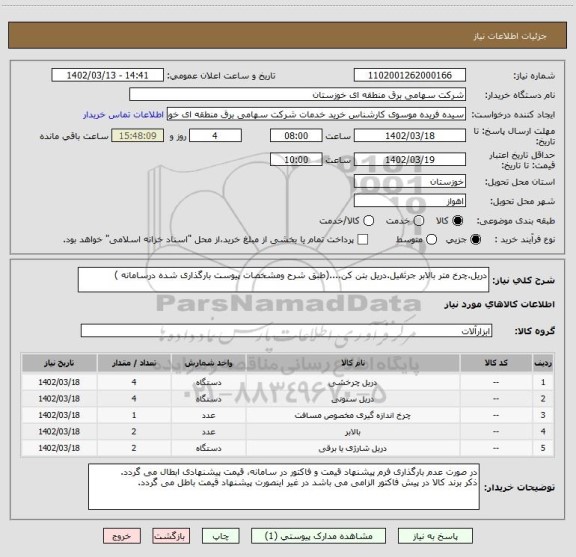استعلام دریل.چرخ متر بالابر جرثقیل.دریل بتن کن....(طبق شرح ومشخصات پیوست بارگذاری شده درسامانه )