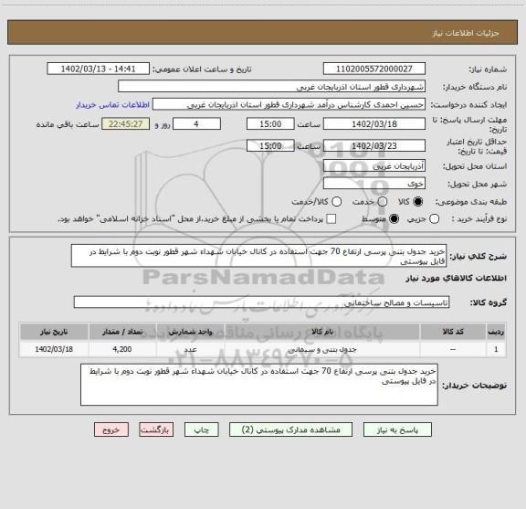استعلام خرید جدول بتنی پرسی ارتفاع 70 جهت استفاده در کانال خیابان شهداء شهر قطور نوبت دوم با شرایط در فایل پیوستی