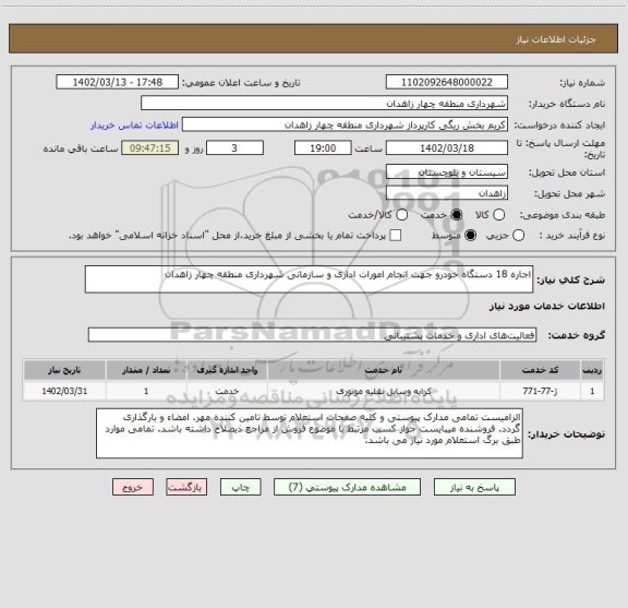 استعلام اجاره 18 دستگاه خودرو جهت انجام امورات اداری و سازمانی شهرداری منطقه چهار زاهدان