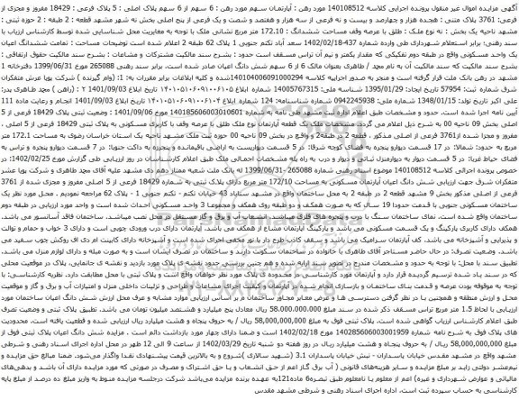آگهی مزایده 6 سهم از 6 سهم پلاک اصلی : 5 پلاک فرعی : 18429 مفروز و مجزی از فرعی: 3761