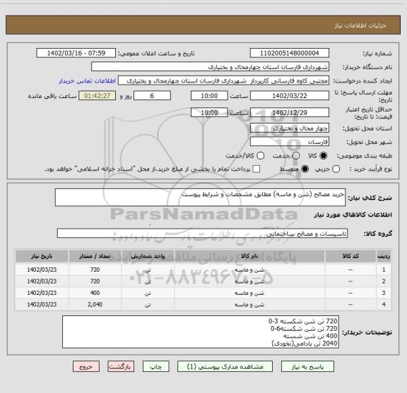 استعلام خرید مصالح (شن و ماسه) مطابق مشخصات و شرایط پیوست