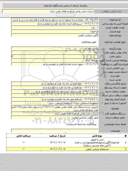 مناقصه, لایروبی و جداسازی لجن های نفتی مخازن۳۰۲۰-۳۰۲۷ و اسلوپ تانک مخزن۳۰۲۷انبار نفت شهدای پخش تبریز