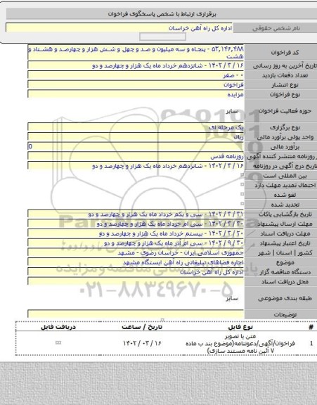 مزایده, اجاره فضاهای تبلیغاتی راه آهن ایستگاه مشهد
