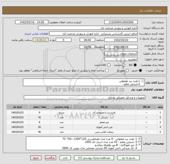 استعلام 1-وایت برد معمولی
2-صندلی معلم	
3-میز آموزگاری	
4-تک صندلی دانش آموزی	
5-نیمکت
