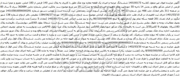 آگهی مزایده ششدانگ عرصه و اعیان یک قطعه مغازه نوع ملک طلق با کاربری به پلاک ثبتی 140 فرعی از 183 اصلی، مفروز و مجزا شده از فرعی از اصلی