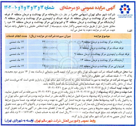 مزایده واگذاری داروخانه، غرفه عینک، غرفه عینک و اپتومتری، آزمایشگاه و فیزیوتراپی 