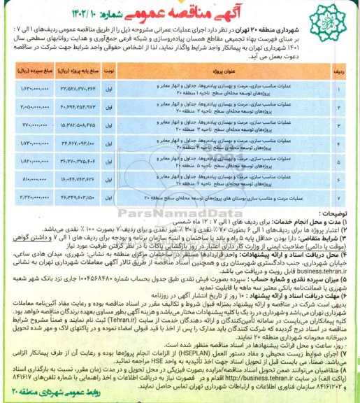 مناقصه عملیات مناسب سازی، مرمت و بهسازی پیاده روها و...