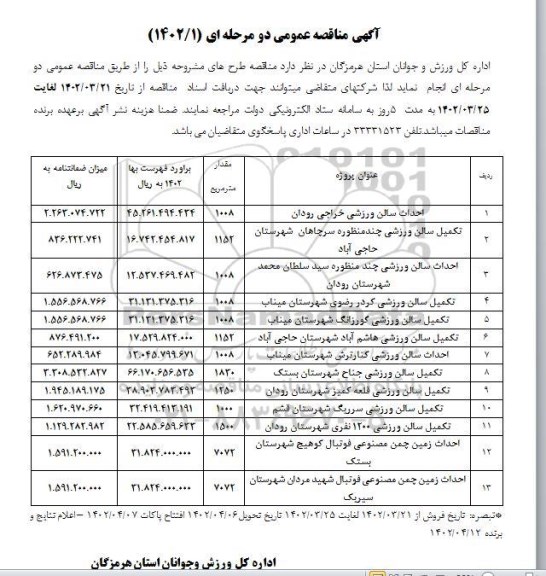 مناقصه عمومی احداث سالن ورزشی خراجی ... 