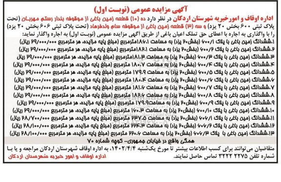 مزایده واگذاری ده (10) قطعه زمین باغی