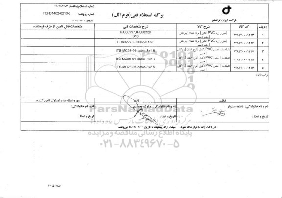 استعلام کابل PVC...