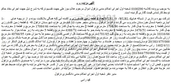 مزایده فروش تعداد 6 قطعه زمین کشاورزی پراکنده آبی  