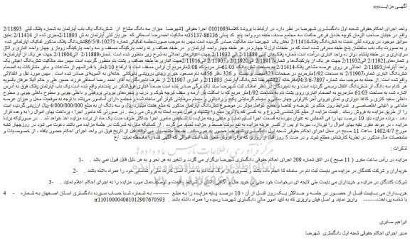 مزایده فروش میزان سه دانگ مشاع از شش دانگ یک باب آپارتمان به شماره پلاک ثبتی 2/11893