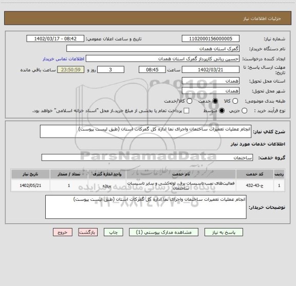 استعلام انجام عملیات تعمیرات ساختمان واجرای نما اداره کل گمرکات استان (طبق لیست پیوست)