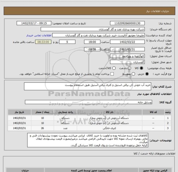 استعلام خرید آب جوش کن برقی استیل و کتری برقی استیل طبق استعلام پیوست