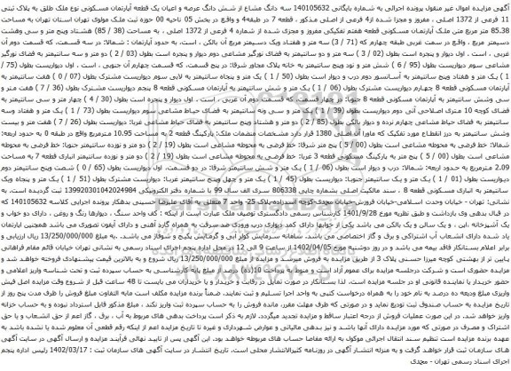 آگهی مزایده سه دانگ مشاع از شش دانگ عرصه و اعیان یک قطعه آپارتمان مسکونی نوع ملک طلق به پلاک ثبتی 11 فرعی از 1372 اصلی