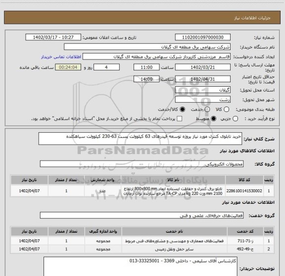 استعلام خرید تابلوی کنترل مورد نیاز پروژه توسعه فیدرهای 63 کیلوولت پست 63-230 کیلوولت سیاهکلده
