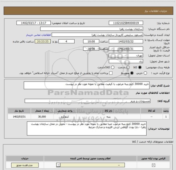 استعلام خرید 30000 کیلو پنبه مرغوب با کیفیت مطابق با نمونه مورد نظر در پیوست