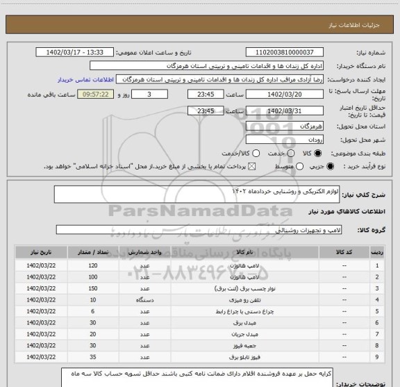 استعلام لوازم الکتریکی و روشنایی خردادماه ۱۴۰۲