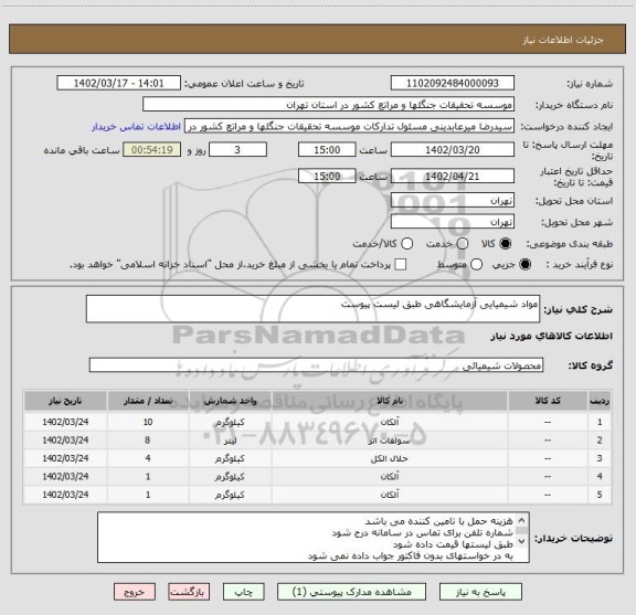 استعلام مواد شیمیایی آزمایشگاهی طبق لیست پیوست