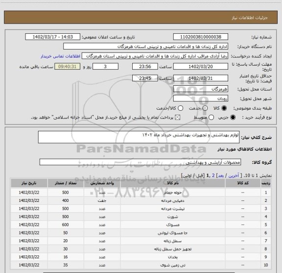 استعلام لوازم بهداشتی و تجهیزات بهداشتی خرداد ماه ۱۴۰۲