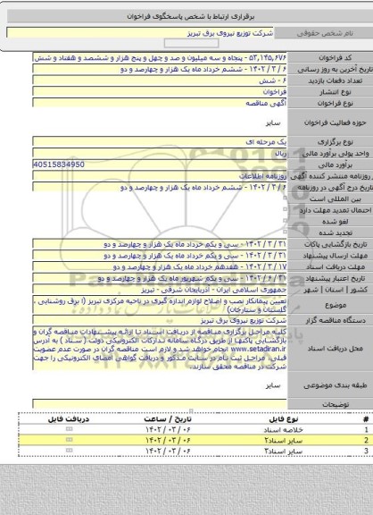 مناقصه, تعیین پیمانکار نصب و اصلاح لوازم اندازه گیری در ناحیه مرکزی تبریز (ا برق روشنایی ، گلستان و ستارخان)